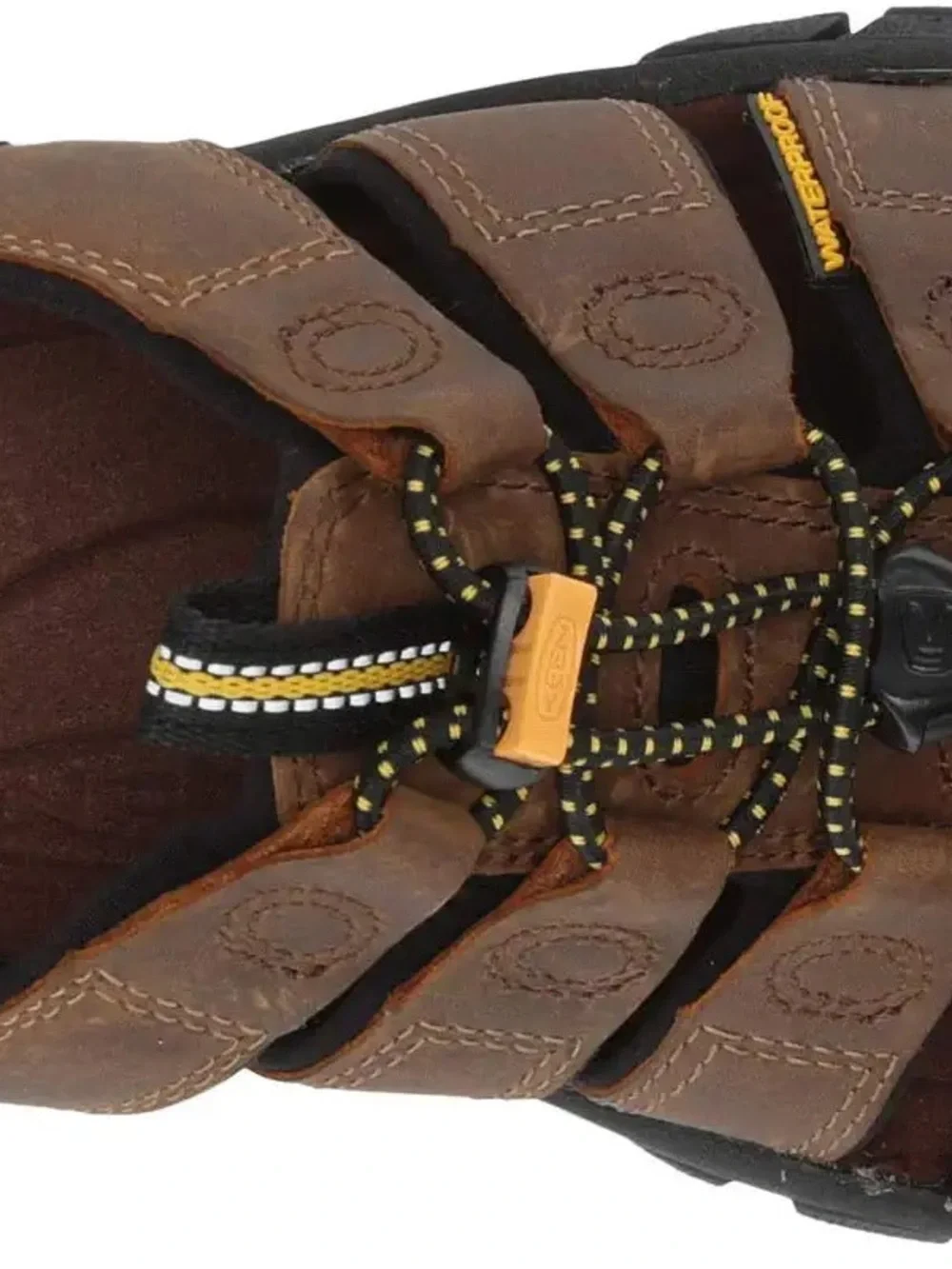 KEEN Brown Leather Outdoor Sandal with Black Sole and Yellow Accents